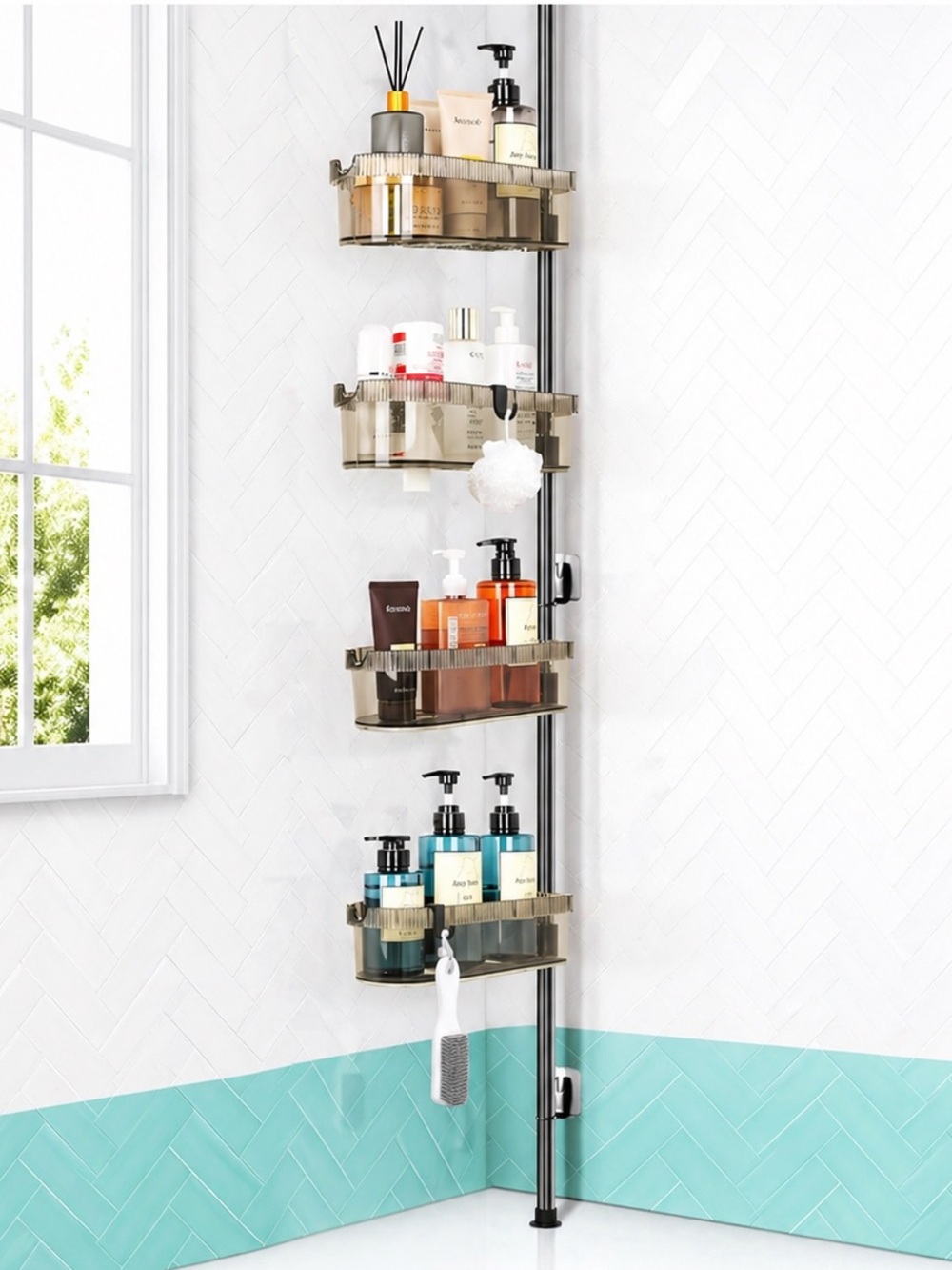 Floyzoy Corner Shower Caddy Adjustable Tension Pole 30–74.9” No Drill Black NIB